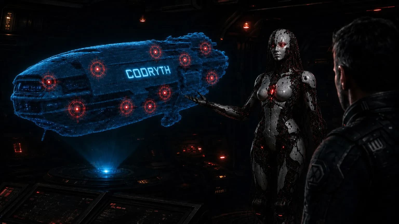 ARIX in emergency state presents a Codryth hologram with meteor damage markers to a traveler who found the drifting ship