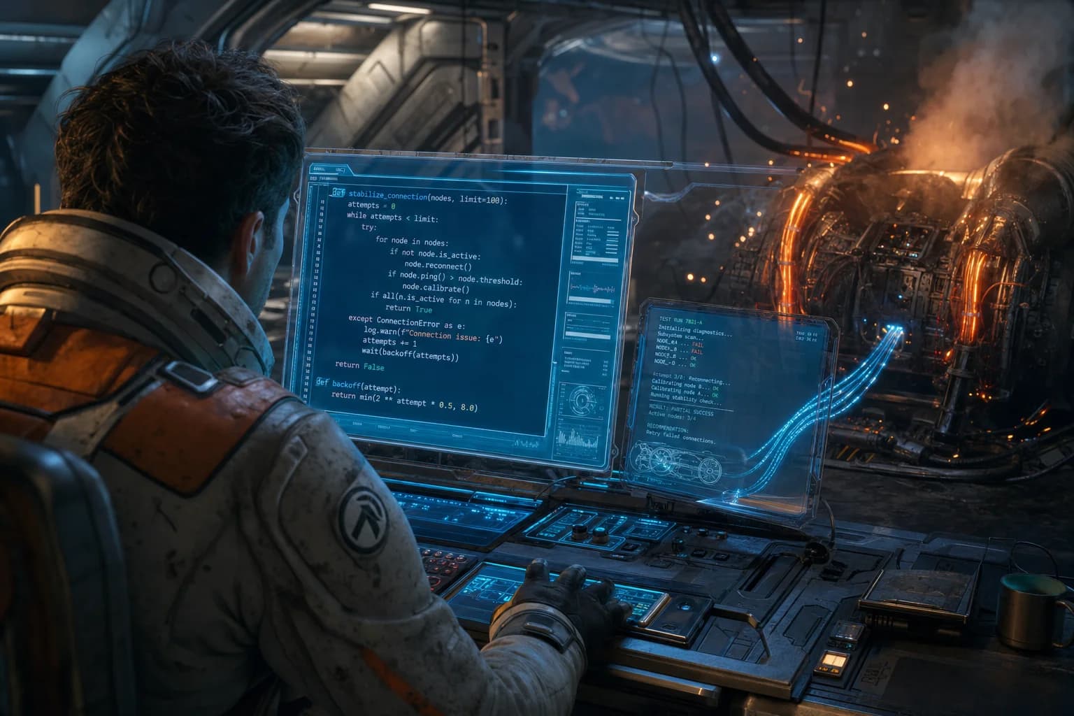 Traveler writing Python at the onboard terminal to repair subsystems damaged by the meteor shower