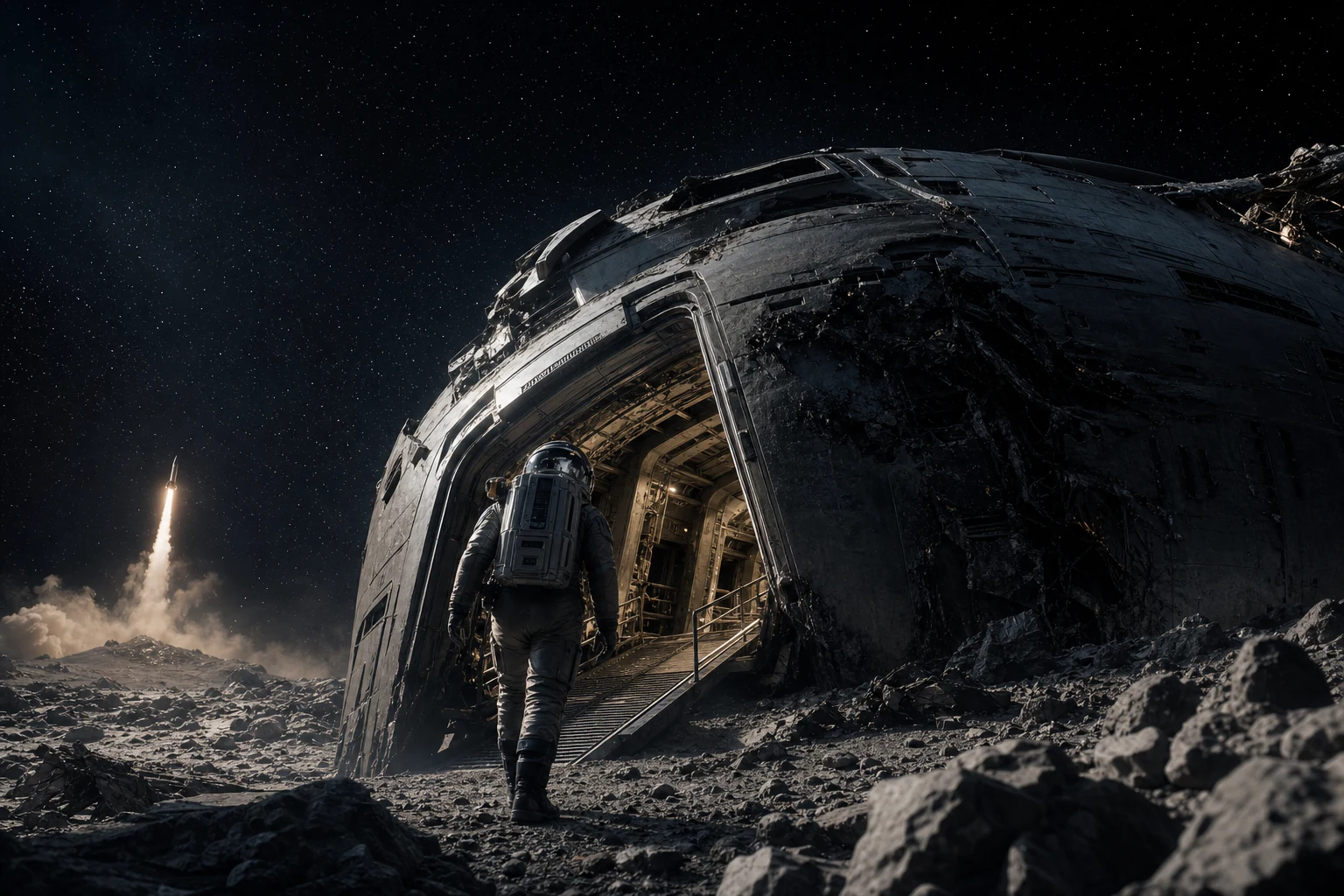 Engineer in a reflective helmet approaching a damaged starship through a boarding hatch