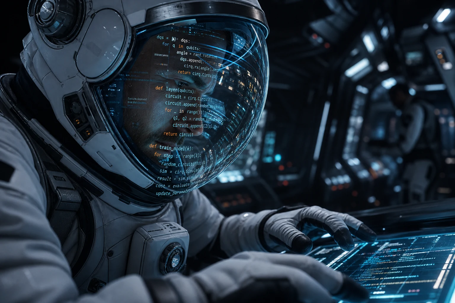 Astronaut engineer training at a holographic terminal with code reflected in the visor