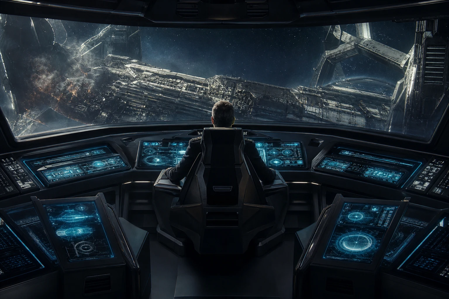 Captain at the bridge command station overlooking a massive starship through panoramic holographic displays